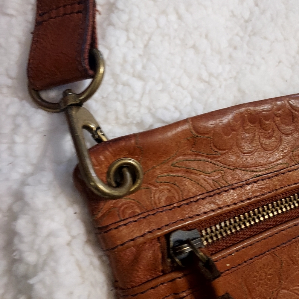 Fossil Sasha Floral Tooled Stitched British Tan Leather Crossbody Bag Boho - Picture 7 of 16